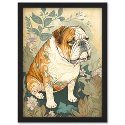 Artery8 Bulldog with Ornate Pattern Fur Coat in Flower Field Modern Watercolour Illustration Artwork Framed Wall Art Print A4 in Black - thumbnail 1