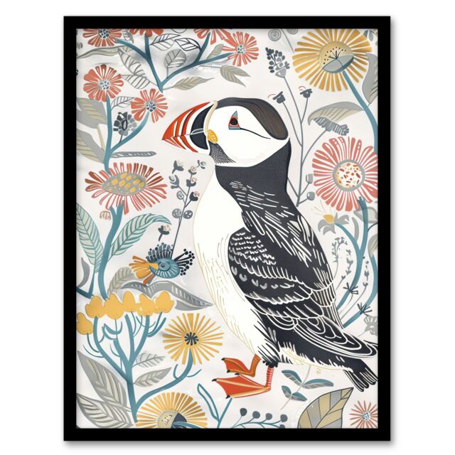 "Artery8 Cute Puffin Bird & Floral Pattern Design Framed Art Print in White - Size: W12"" x H16""" - image 1