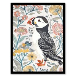 "Artery8 Cute Puffin Bird & Floral Pattern Design Framed Art Print in White - Size: W12"" x H16""" - thumbnail 1