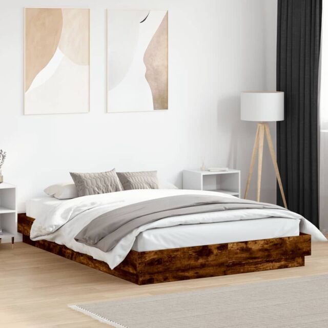 Berkfield Home Bed Frame with LED without Mattress Smoked Oak 150x200 cm King Size in Brown - image 1