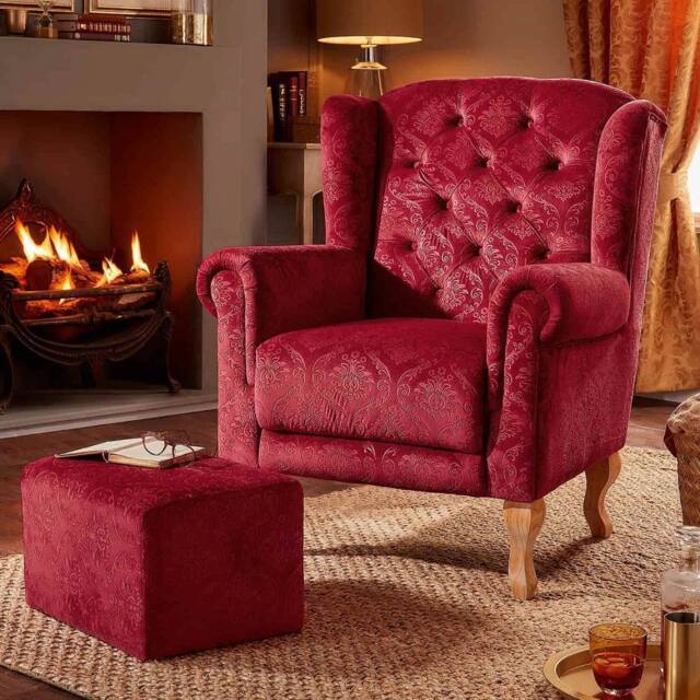 Coopers of Stortford Armchair with Footstool, Patterned Velvet Wingback Chair in Burgundy - image 1