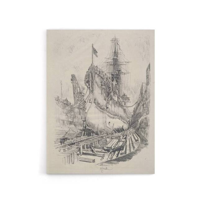 "Artery8 Joseph Pennell Large Warship In the Dry Dock Canvas Wall Art Print in Grey - Size: W12"" x H16""" - image 1