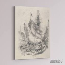 "Artery8 Joseph Pennell Large Warship In the Dry Dock Canvas Wall Art Print in Grey - Size: W12"" x H16""" - thumbnail 2