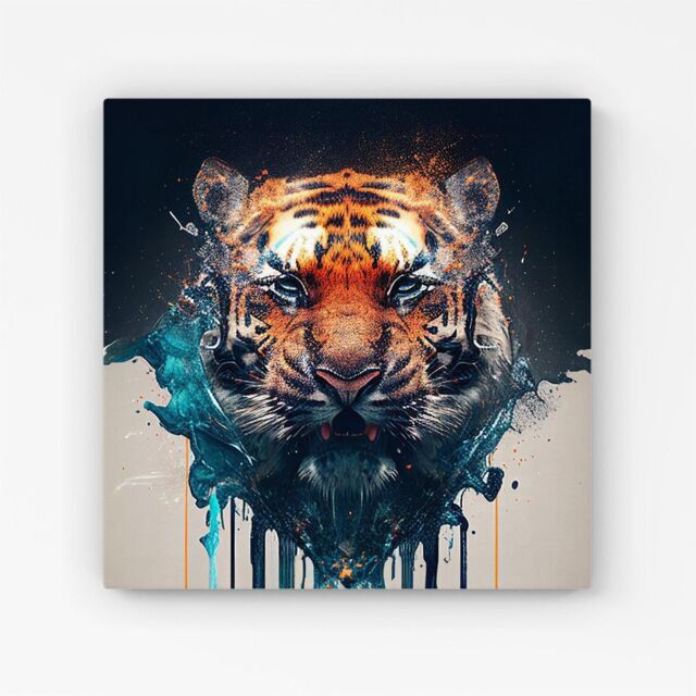 "Warren Reed - Designer Tiger Face Splashart Canvas in Brown - Size: W16"" x H16""" - image 1