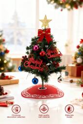Living and Home 55cm Mini Pre-Lit Christmas Tree with Bow Star Top & Tree Skirt - thumbnail 4