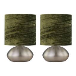 First Choice Lighting Set of 2 Jenson - Brushed Chrome Touch Table Lamps Green Velvet Shade in Silver - thumbnail 1