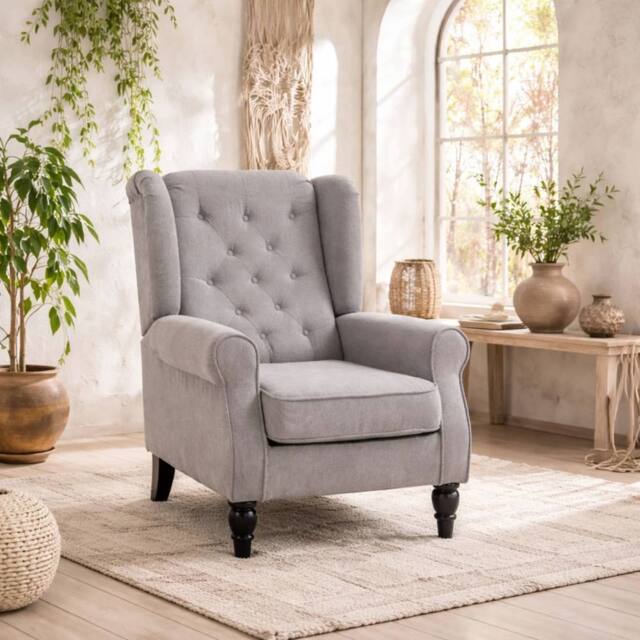 Wyld Haus Grey Fabric Wingback Accent Chair with Button Tufting & Wooden Frame - image 1