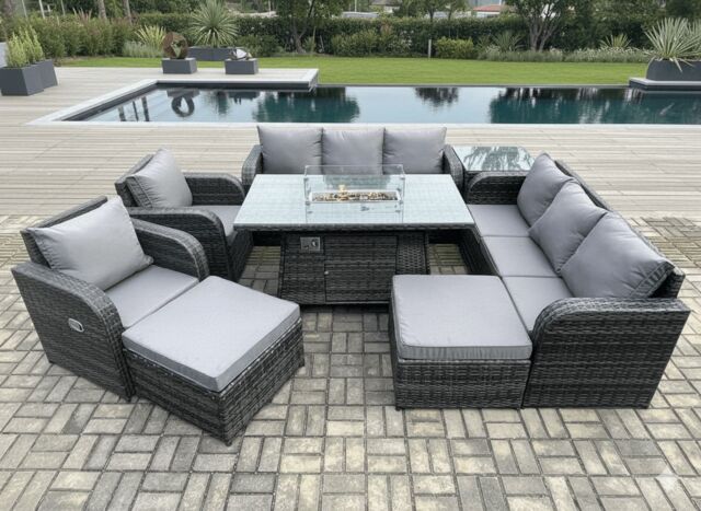 Fimous Rattan Outdoor Furniture Gas Fire Pit Rectangle Dining Table Gas Heater Adjustable Reclining Chair 3 Seater Sofa Sets in Dark Grey - image 1