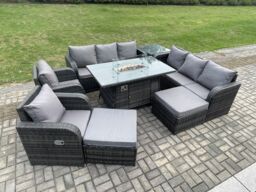 Fimous Rattan Outdoor Furniture Gas Fire Pit Rectangle Dining Table Gas Heater Adjustable Reclining Chair 3 Seater Sofa Sets in Dark Grey - thumbnail 3