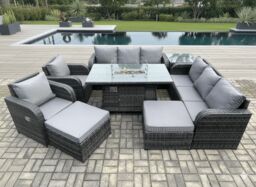 Fimous Rattan Outdoor Furniture Gas Fire Pit Rectangle Dining Table Gas Heater Adjustable Reclining Chair 3 Seater Sofa Sets in Dark Grey - thumbnail 1