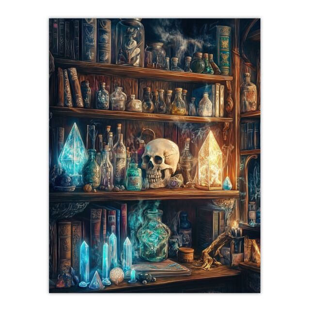"Artery8 Alchemist Bookshelf Skull Magic Crystals Potions Wall Art Print - Size: W24"" x H32""" - image 1
