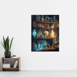 "Artery8 Alchemist Bookshelf Skull Magic Crystals Potions Wall Art Print - Size: W24"" x H32""" - thumbnail 4