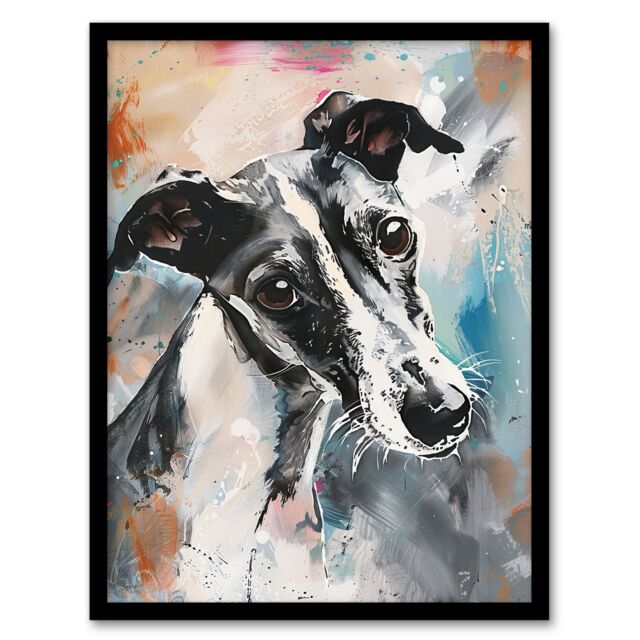 Artery8 Cute Greyhound Whippet Dog Lover Pet Portrait Framed Art Print - Size: A4 - image 1