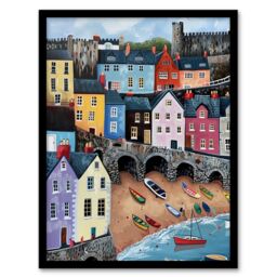 "Artery8 Tenby Harbour Beach Colourful Coastal Townscape Framed Art Print - Size: W12"" x H16""" - thumbnail 1