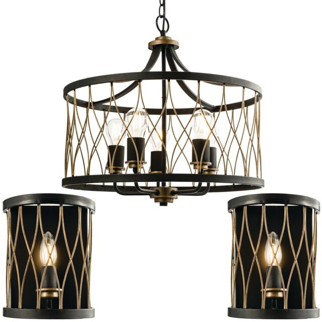 Loops 5 Vintage Bulb Ceiling Lamp & 2x Matching Wall Light Bronze & Black Metal Cage - image 1