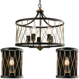 Loops 5 Vintage Bulb Ceiling Lamp & 2x Matching Wall Light Bronze & Black Metal Cage