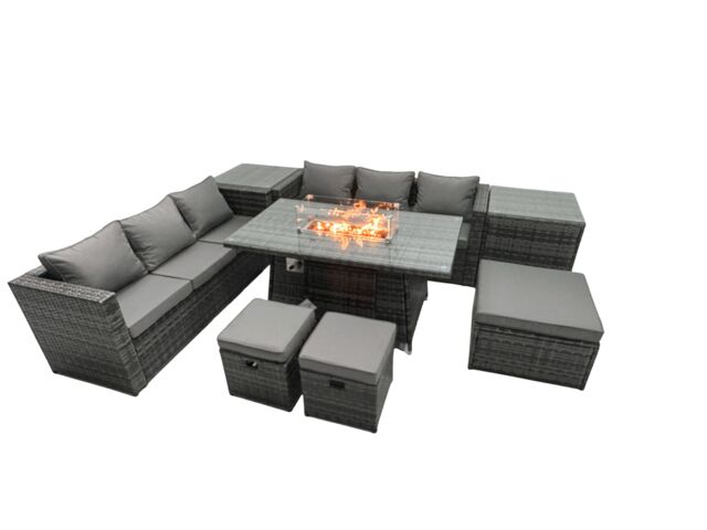 Fimous Rattan Garden Furniture Firepit Dining Set 9 Seater Lounge Sofa Table Set with 2 Side Table 3 Footstool in Dark Grey - image 1