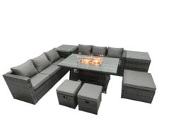 Fimous Rattan Garden Furniture Firepit Dining Set 9 Seater Lounge Sofa Table Set with 2 Side Table 3 Footstool in Dark Grey - thumbnail 2