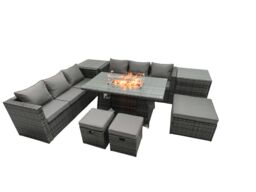 Fimous Rattan Garden Furniture Firepit Dining Set 9 Seater Lounge Sofa Table Set with 2 Side Table 3 Footstool in Dark Grey - thumbnail 1