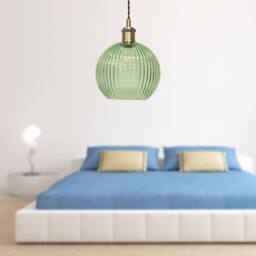 First Choice Lighting Betchley - Green Ribbed Glass Globe Antique Brass Retro Pendant - thumbnail 3
