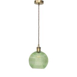 First Choice Lighting Betchley - Green Ribbed Glass Globe Antique Brass Retro Pendant