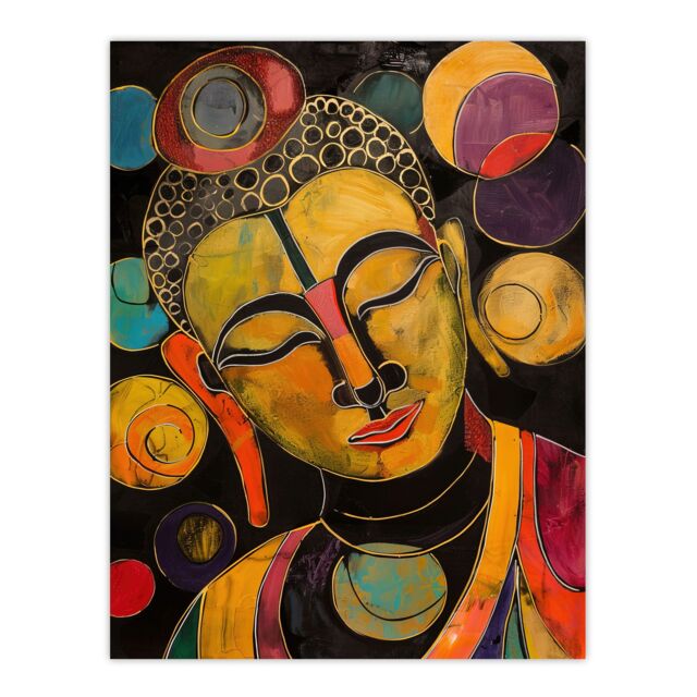 "Artery8 Buddha Statue Meditating Head Colourful Painting Wall Art Print in Mustard - Size: W12"" x H16""" - image 1