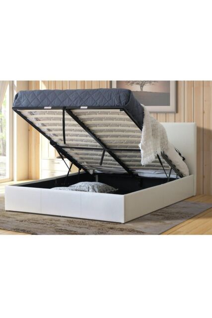Modernique Leather Ottoman Storage Bed with Wooden Slatted Gas Liftup Base in Off-White - Size: Single - image 1