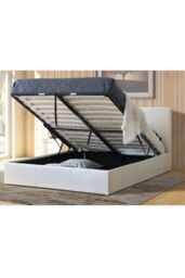 Modernique Leather Ottoman Storage Bed with Wooden Slatted Gas Liftup Base in Off-White - Size: Single