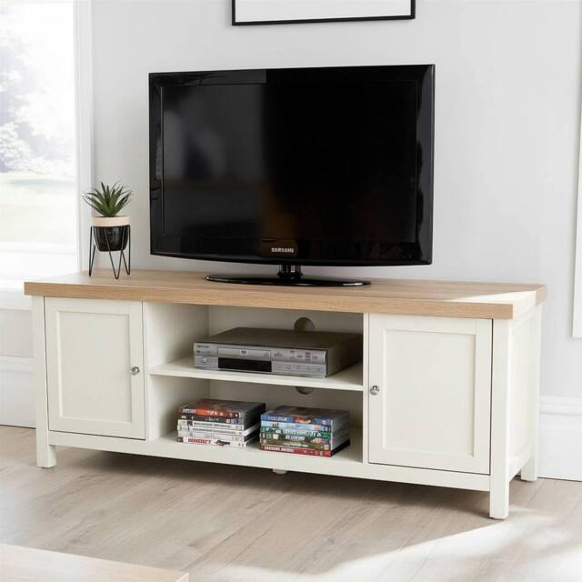 Home Source Console TV Stand Television Unit Oak Coffee Solid Bookcase 36mm Top in White - image 1