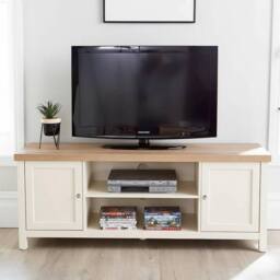 Home Source Console TV Stand Television Unit Oak Coffee Solid Bookcase 36mm Top in White - thumbnail 2