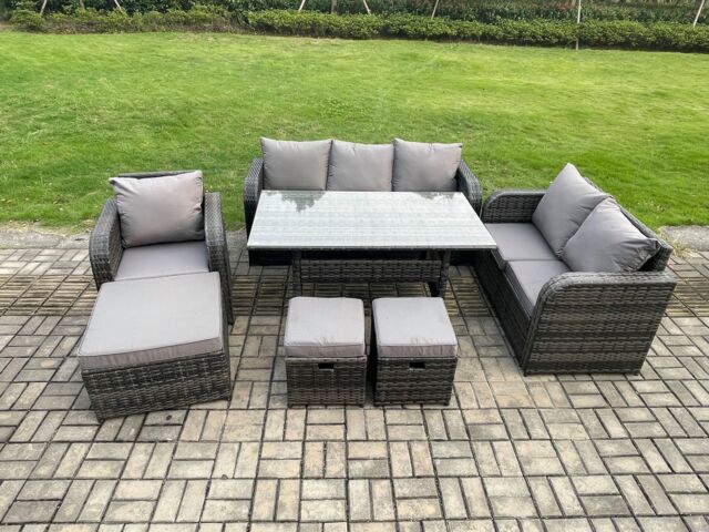 Fimous 7 Piece Rattan Garden Furniture Set with Patio Sofa Rectangular Dining Table 3 Small Footstools Indoor Conservatory Patio Set in Dark Grey - image 1