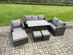 Fimous 7 Piece Rattan Garden Furniture Set with Patio Sofa Rectangular Dining Table 3 Small Footstools Indoor Conservatory Patio Set in Dark Grey - thumbnail 2