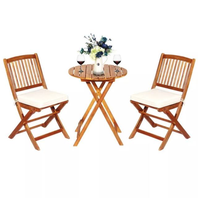 Costway 3 PCS Outdoor Folding Bistro Set Home Garden Chair & Table Set W/ Cushions in Natural - image 1