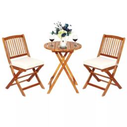 Costway 3 PCS Outdoor Folding Bistro Set Home Garden Chair & Table Set W/ Cushions in Natural - thumbnail 1