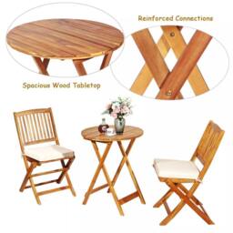 Costway 3 PCS Outdoor Folding Bistro Set Home Garden Chair & Table Set W/ Cushions in Natural - thumbnail 6