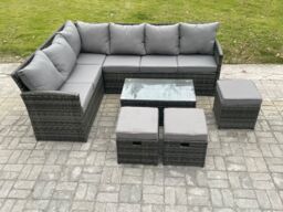 Fimous Rattan Lounge Corner Sofa Set Wicker PE Outdoor Garden Furniture Set with Rectangular Coffee Table 3 Small Footstools in Dark Grey - thumbnail 2