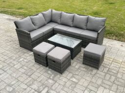 Fimous Rattan Lounge Corner Sofa Set Wicker PE Outdoor Garden Furniture Set with Rectangular Coffee Table 3 Small Footstools in Dark Grey - thumbnail 1