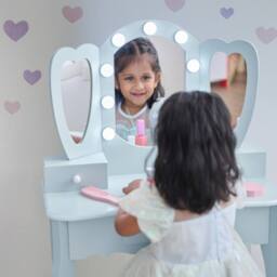 Teamson Kids Heart Kids Vanity Table with LED, Mirror, Stool & Drawers in Light Blue - thumbnail 3