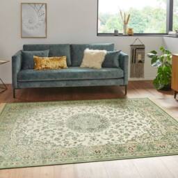THE RUGS Oriental Velvet Nain Rug Medallion Fringed Viscose Living Room in Green - Size: 195 cm x 290 cm - thumbnail 4