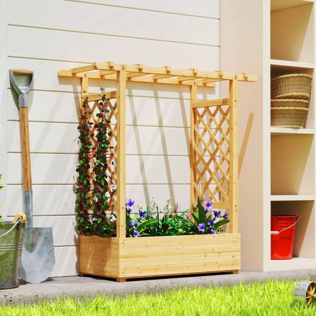 OUTSUNNY Raised Bed for Garden with Trellis, 110 x 44 x 113 cm, Natural - Size: 110 x 44 x 113 cm - image 1