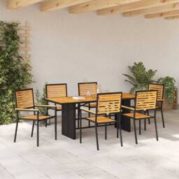 Berkfield Home 7 Piece Garden Dining Set Black Poly Rattan Acacia - thumbnail 4
