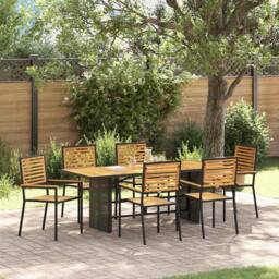 Berkfield Home 7 Piece Garden Dining Set Black Poly Rattan Acacia - thumbnail 1