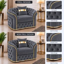 Stratus Interiors Ambassador Sofa Chesterfield Toronto Gold Trim Plush Velvet No Frills in Grey - thumbnail 3