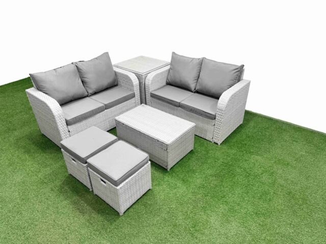 Fimous 6 Seater Outdoor Love Sofa Set Rattan Garden Furniture Set with Rectangular Coffee Table 2 Small Stools Side Table Light Grey - image 1