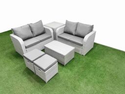 Fimous 6 Seater Outdoor Love Sofa Set Rattan Garden Furniture Set with Rectangular Coffee Table 2 Small Stools Side Table Light Grey - thumbnail 1