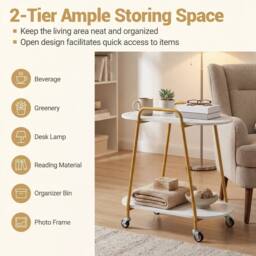 Costway 2-Tier Rolling End Table Faux Marble Side Table Couch Coffee Table in White - thumbnail 4