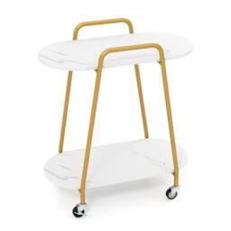 Costway 2-Tier Rolling End Table Faux Marble Side Table Couch Coffee Table in White - thumbnail 3
