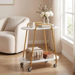 Costway 2-Tier Rolling End Table Faux Marble Side Table Couch Coffee Table in White - thumbnail 5