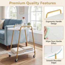 Costway 2-Tier Rolling End Table Faux Marble Side Table Couch Coffee Table in White - thumbnail 7