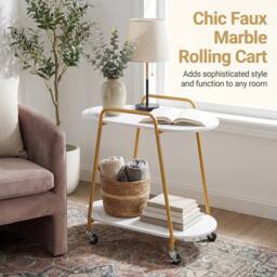 Costway 2-Tier Rolling End Table Faux Marble Side Table Couch Coffee Table in White - thumbnail 8